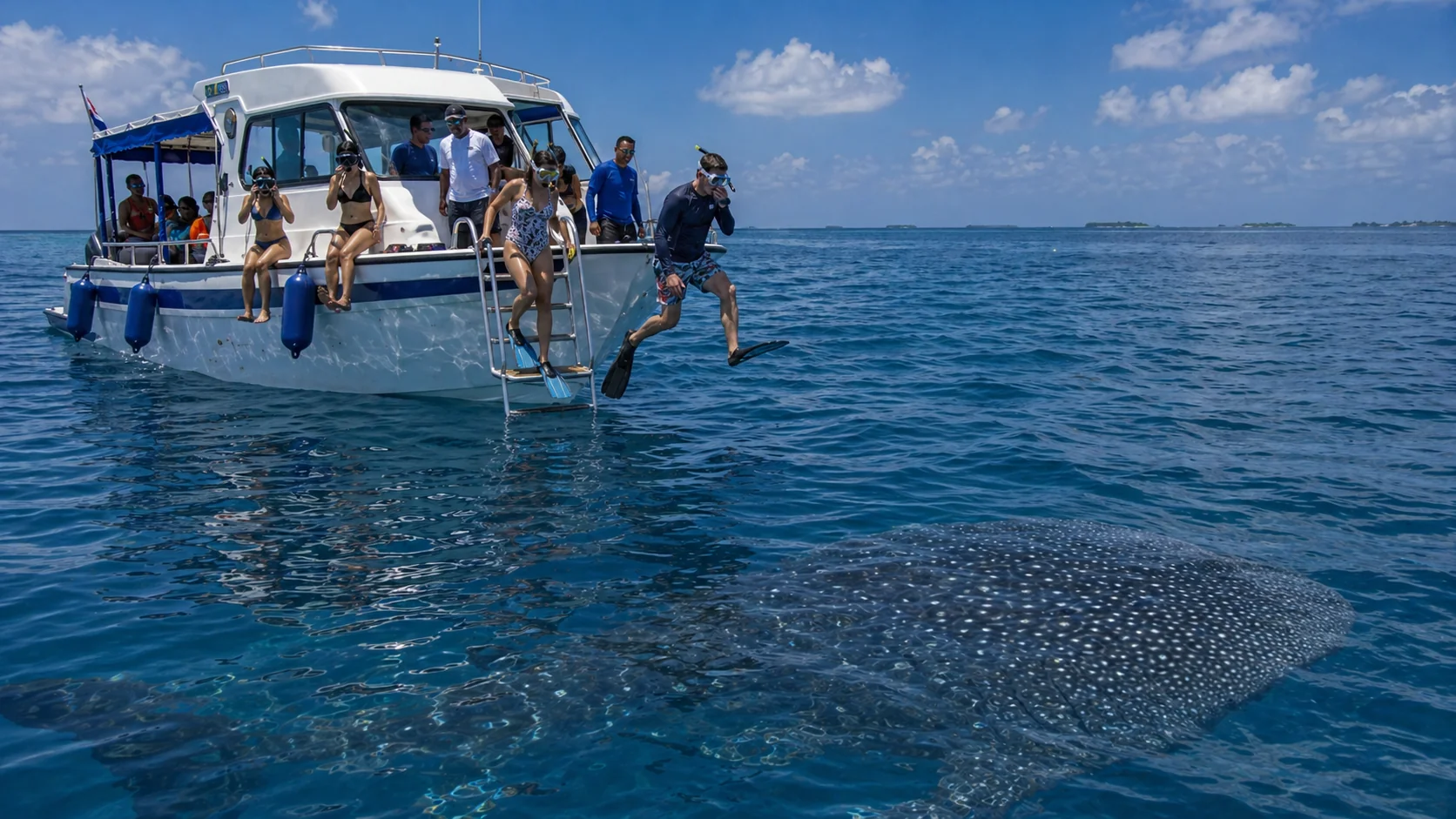 A whale shark excursion boat on the turquoise water of South Ari Atoll in the Maldives